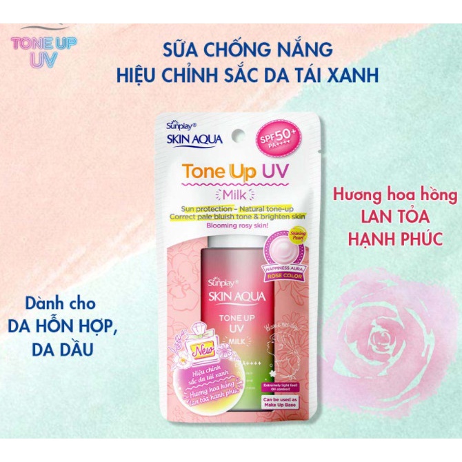 Sữa Chống Nắng Sunplay Hiệu Chỉnh Sắc Da 50g Hồng Tone Up UV Milk Happiness Aura Rose Color SPF50+ PA+