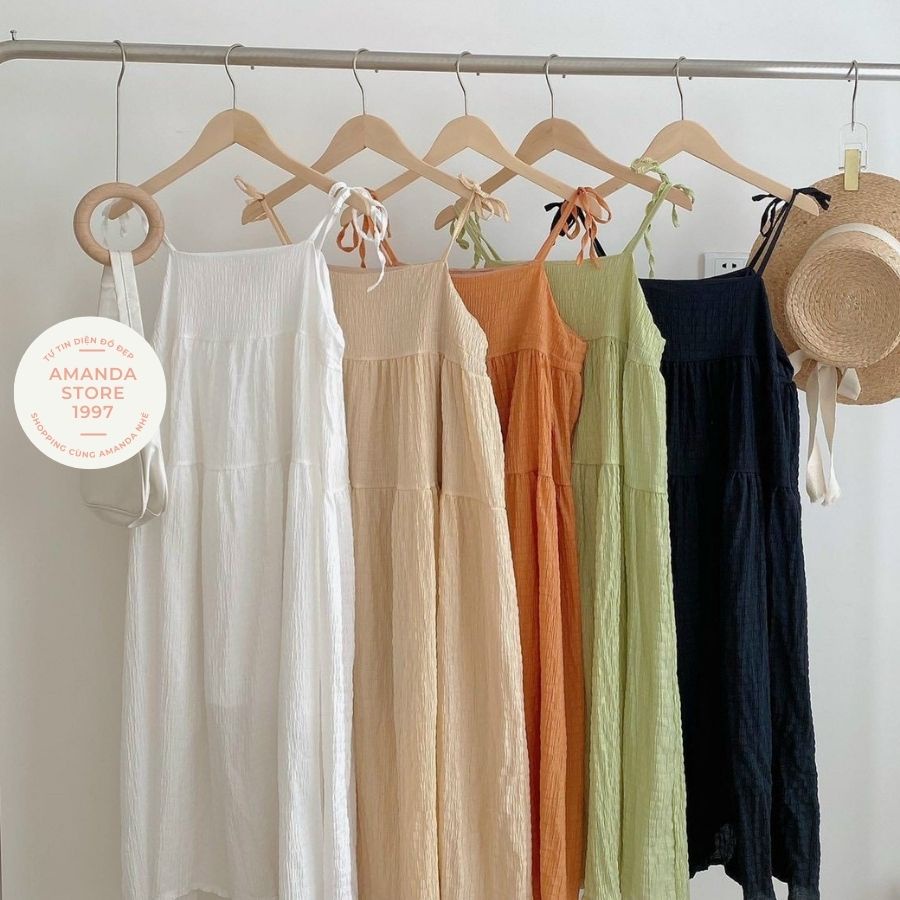Váy 2 dây đi biển, chất cotton kẻ xốp 5 màu hót hít