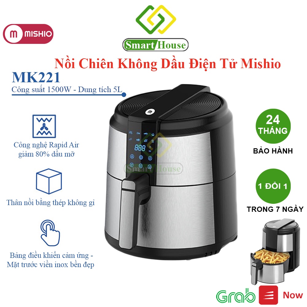 Nồi Chiên Không Dầu Điện Tử Mishio MK221 - 5L, Công Nghệ Rapid Air, Lòng Nồi Chống Dính Cao Cấp