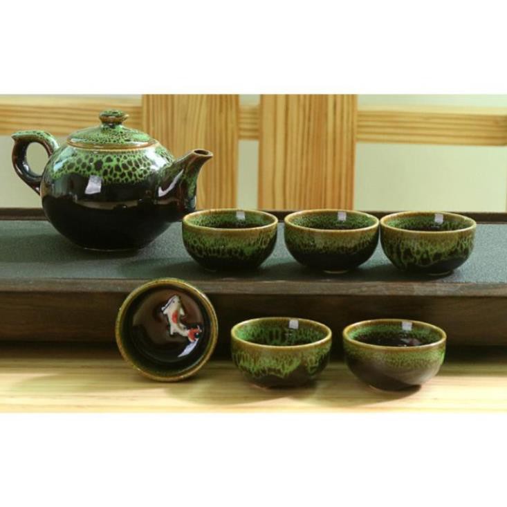 Bộ Ấm Trà Gốm Kung Fu Cao Cấp 6 Ấm - Có Cá Bên Trong Ấm - Bình Cao - Xanh Dương - Hàng Có Sẵn