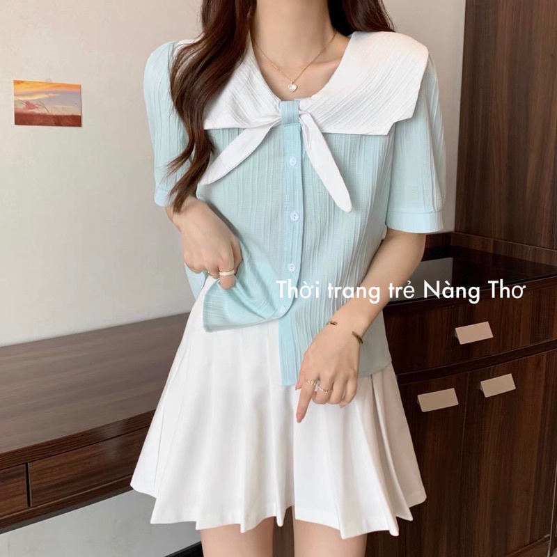 Áo sơ mi phối cổ vải xốp gân siêu dễ thương