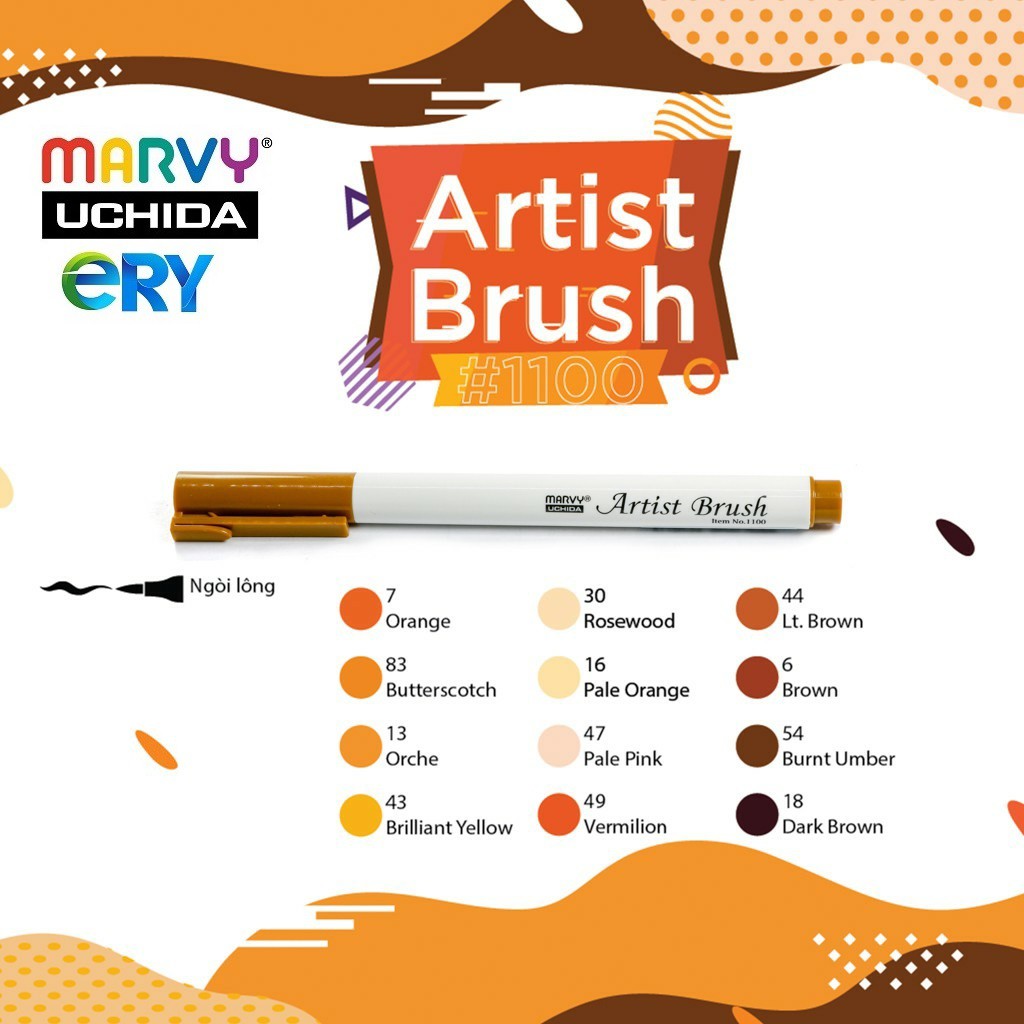 [Ship hỏa tốc] Artist brush [tone nâu cam] - Bút lông đầu cọ mảnh Marvy 1100 - ByLy Store