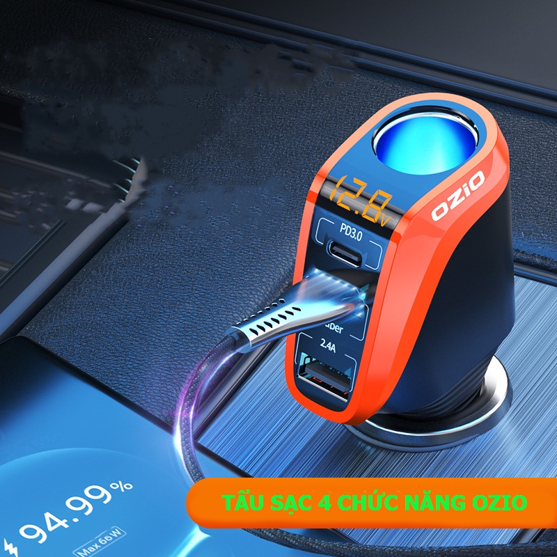 Tẩu Sạc Ô Tô 3 Cổng PD Siêu Nhanh Có Đồng Hồ LED Báo Điện Áp Acquy, Chống Cháy Nổ Bảo Vệ Thiết Bị
