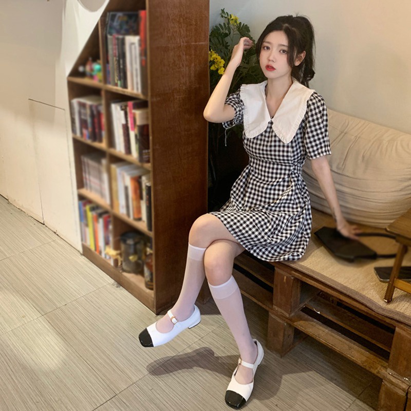 Đầm Tay Ngắn Cổ Búp Bê Họa Tiết Sọc Caro Phong Cách Hàn Quốc Thời Trang Mùa Hè Xinh Xắn