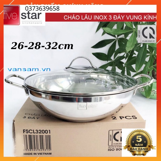 Nồi Lẩu inox Fivestar 32-28-26-24cm-chảo xào,rán-2 quai,3 Đáy ,Đun Từ, Lắp Kính-bền đẹp,giá rẻ,chính hãng Tân hợp Thành