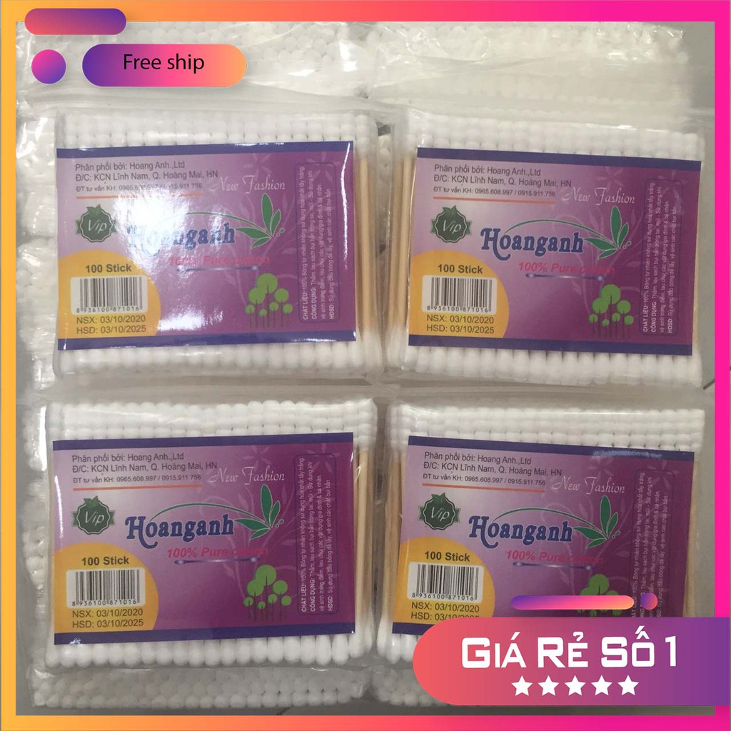 Tăm bông Cao cấp thân gỗ Hoàng Anh Gói 100 que