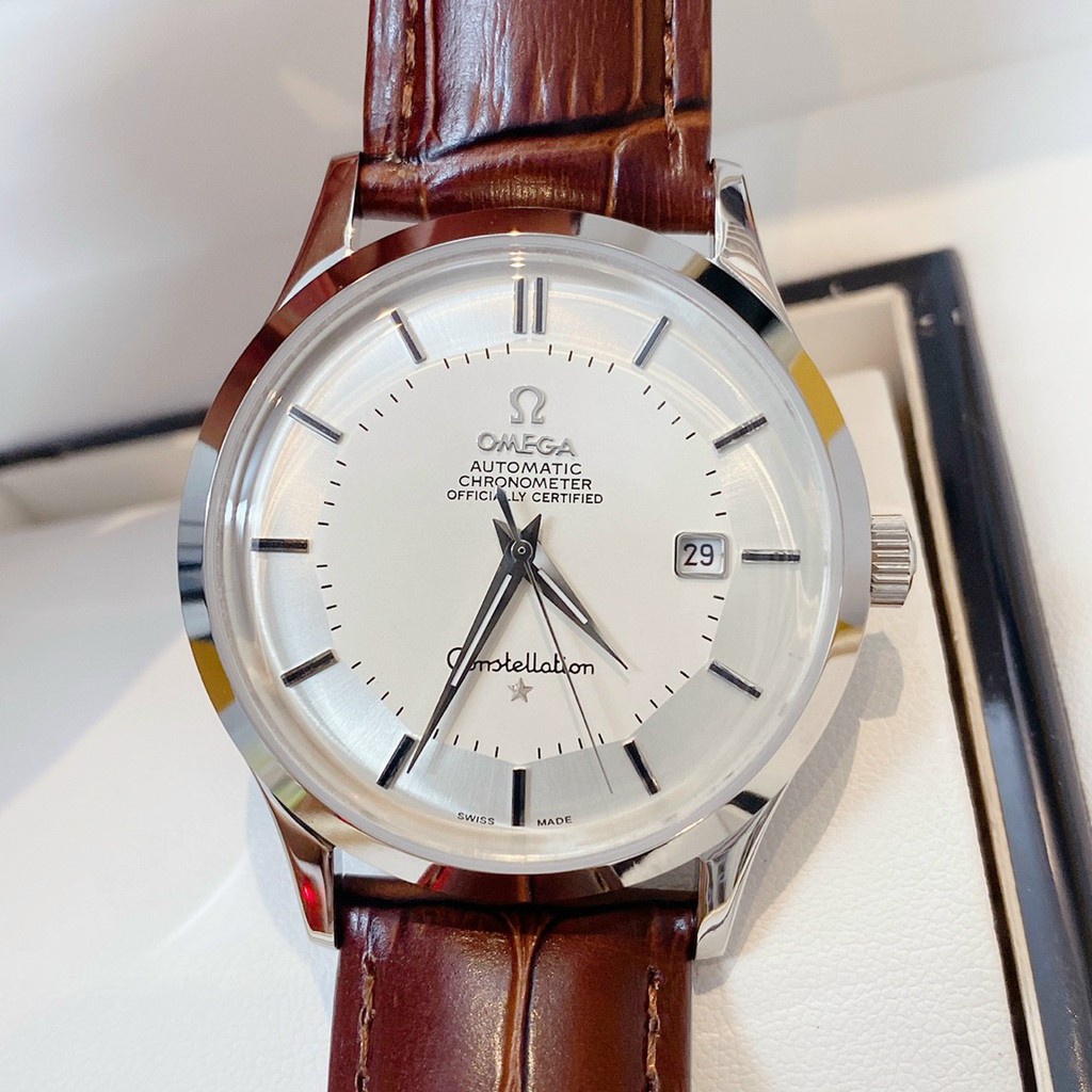Đồng hồ Nam Omega máy cơ automatic bát qoái hở máy dây da size 40mm