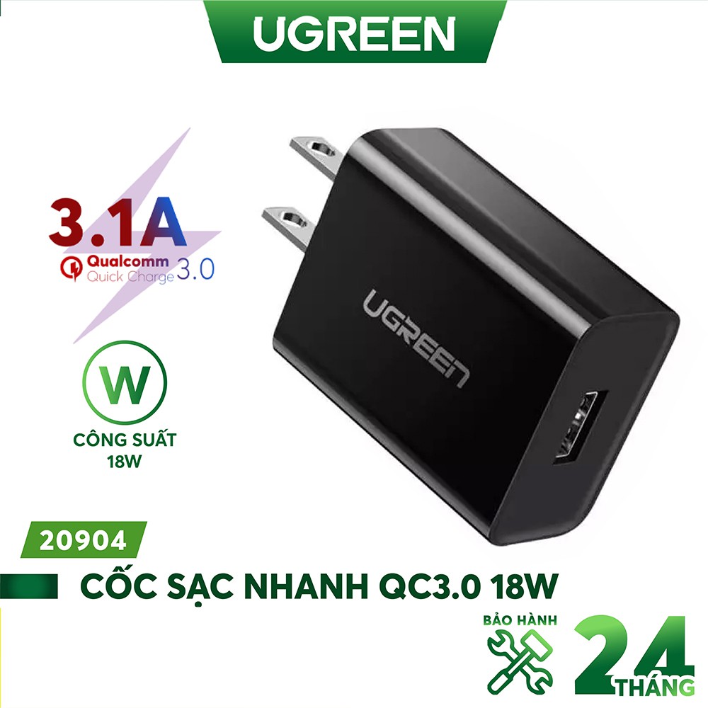 Cốc sạc nhanh QC3.0 18W chân cắm chuẩn US UGREEN 20904