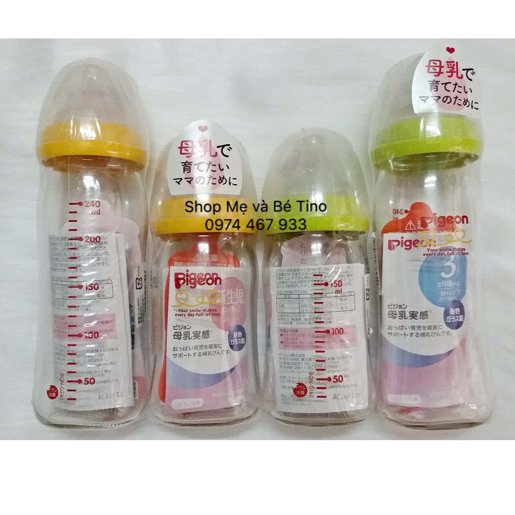 Bình sữa Pigeon made in Japan cổ rộng nội địa Nhật chất liệu thủy tinh an toàn tuyệt đối 160ml hoặc 240ml