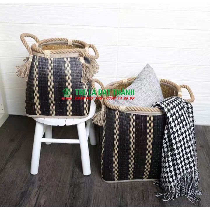 Sọt đựng quần áo hình tròn đan bằng chiếu cói họa tiết sọc