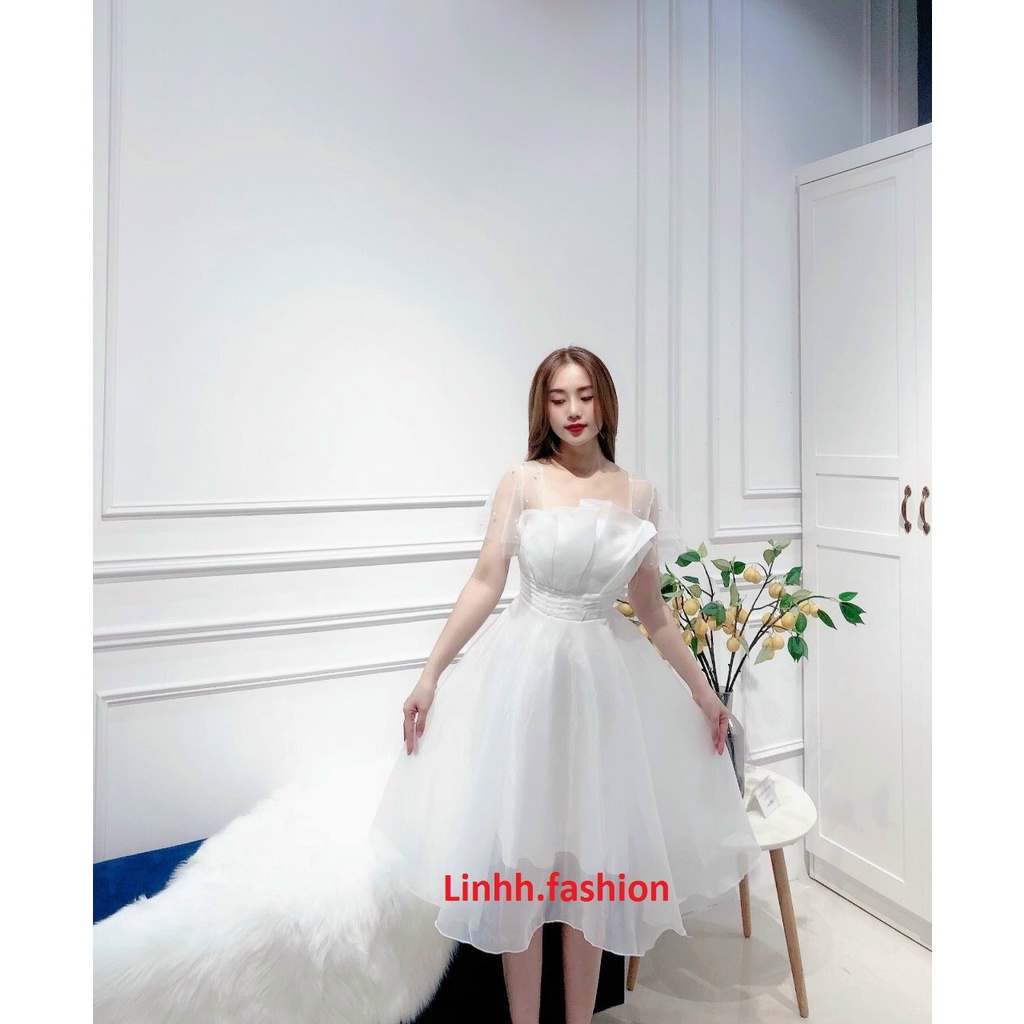 Váy trắng xòe, đầm đi tiệc xòe công chúa xếp ly ngực tay lưới ngọc có mút ngực_linhh.fashion
