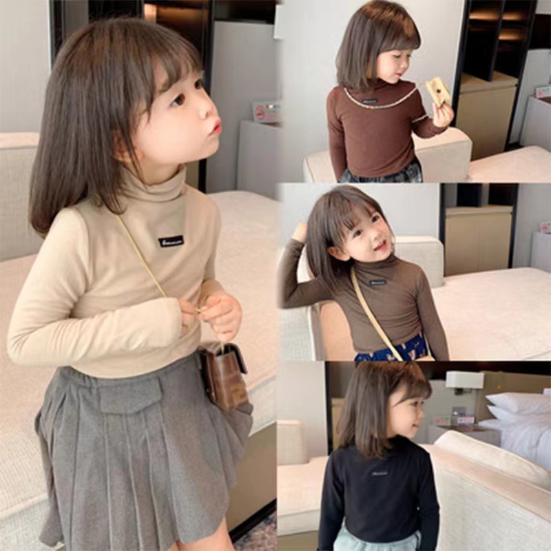 ❀Hàng giao ngay❀8-10 tuổi, quần áo trẻ em,Áo Thun Tay Dài Cổ Cao Màu Trơn Dày Dặn Mừng Năm Mới Cho Bé Gái