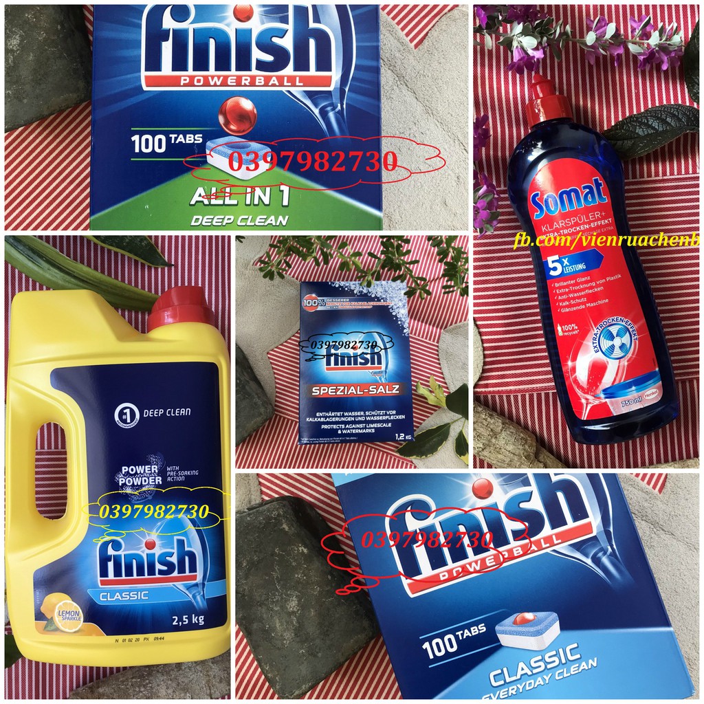 Combo Viên rửa chén bát Finish + Muối làm mềm nước Finish 1.2kg + Nước bóng Somat 750ml