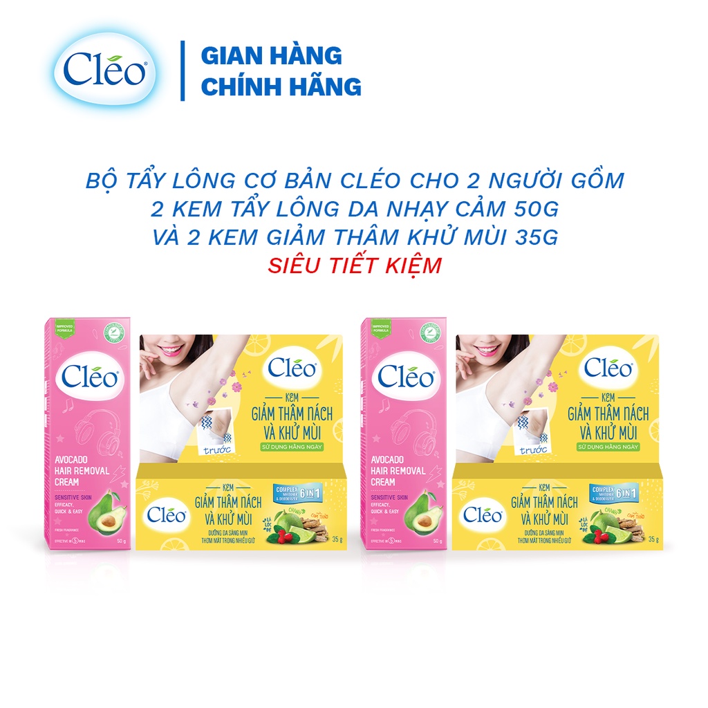 Bộ tẩy lông nách cơ bản Cleo cho 2 người gồm 2 kem tẩy lông nách da nhạy cảm 50g và 2 kem giảm thâm khử mùi 35g