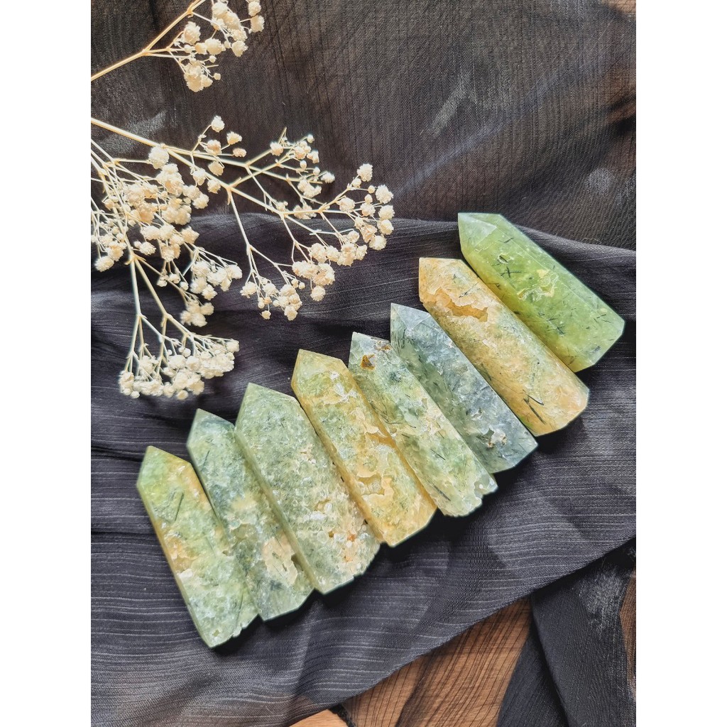 Trụ đá thanh tẩy thach anh tóc xanh Prehnite, dùng trong Tarot, Reiki, Thiền định, đá phong thủy