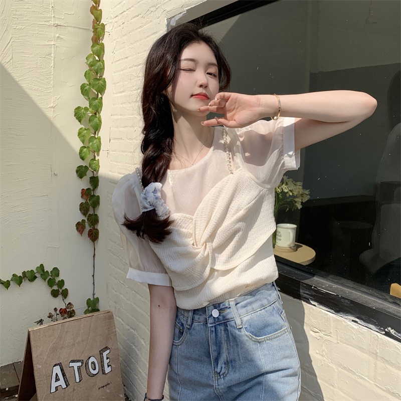 Áo Sơ Mi Tay Ngắn Phồng Đính Ngọc Trai Thời Trang Dành Cho Nữ