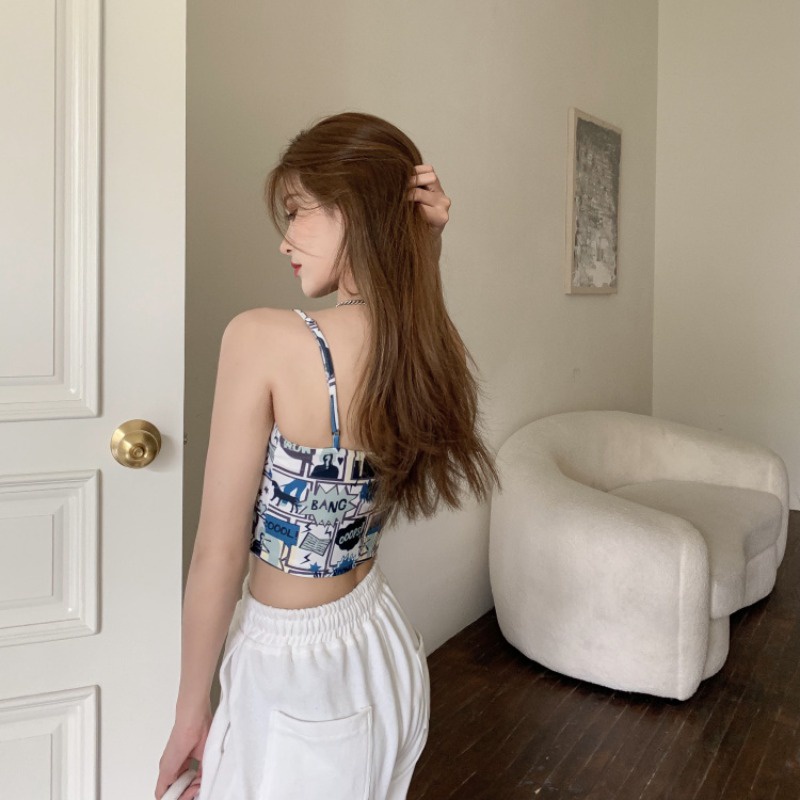 Áo Hai Dây Dáng Ngắn In Họa Tiết Thời Trang Mùa Hè Phong Cách Hong Kong Thời Trang Cho Nữ