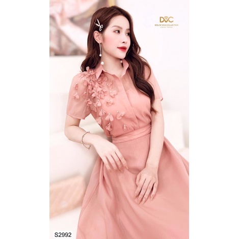S2992 bộ áo sơ mi và chân váy xoè voan màu cam