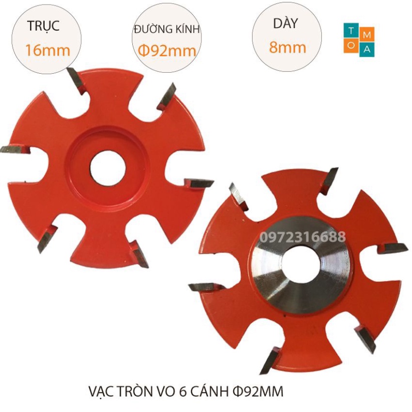 MŨI SOI GỖ - MŨI PHAY VẠC TRÒN VO 6 CÁNH PHI 92MM X 8MM X TRỤC 16MM