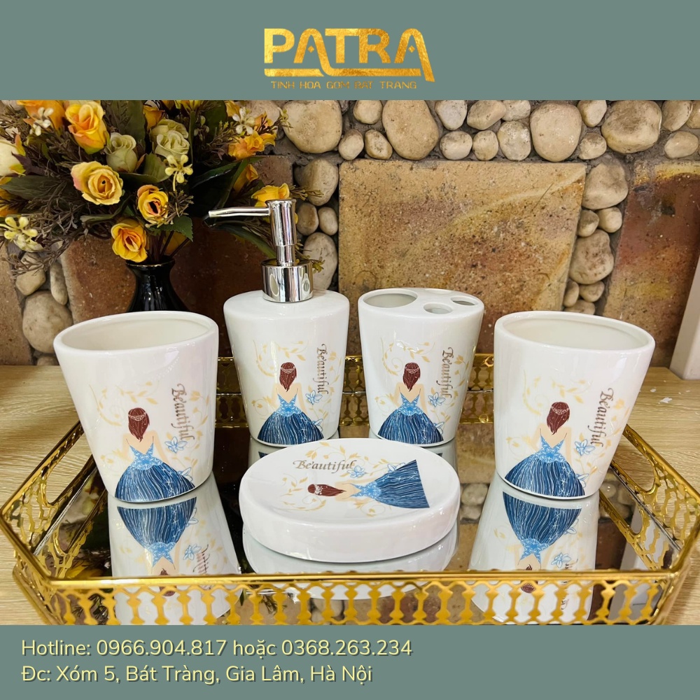 Set nhà tắm 5 món gốm sứ Bát Tràng - Bộ sứ vệ sinh, chai đựng sữa tắm dầu gội cao cấp