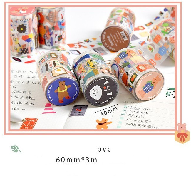 Washi tape gấu dễ thương nhiều màu sắc băng keo trang trí nhật ký họa tiết không thấm nước