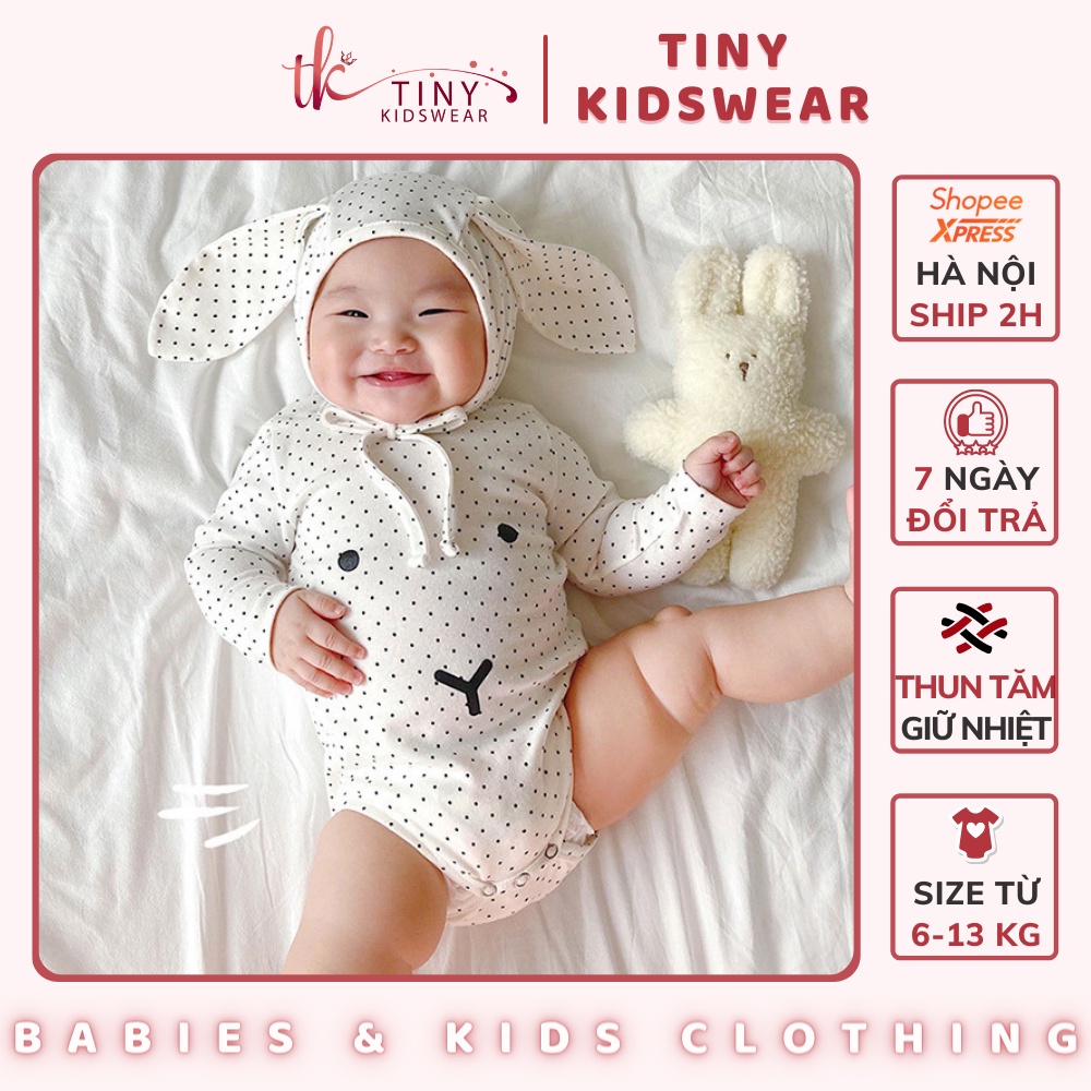 Body chip dài tay, bodysuit thu đông họa tiết chấm bi, kèm mũ tai thỏ đáng yêu cho bé gái từ 4-13kg [GB39]