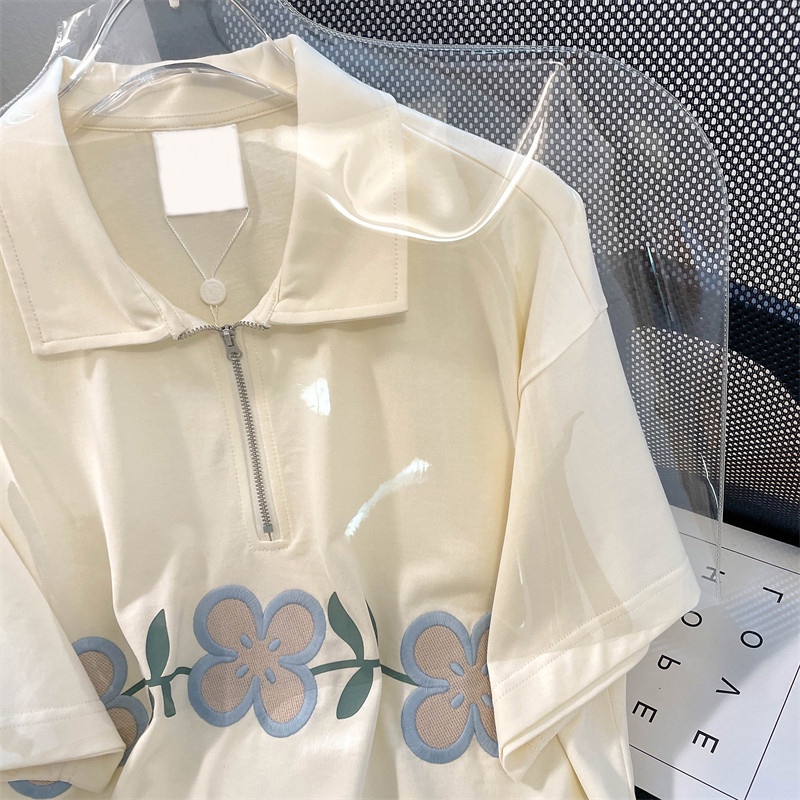 Áo Thun Tay Ngắn Có Khóa Kéo Dáng Rộng Thêu Họa Tiết Phong Cách Cổ Điển Thời Trang Cho Nữ