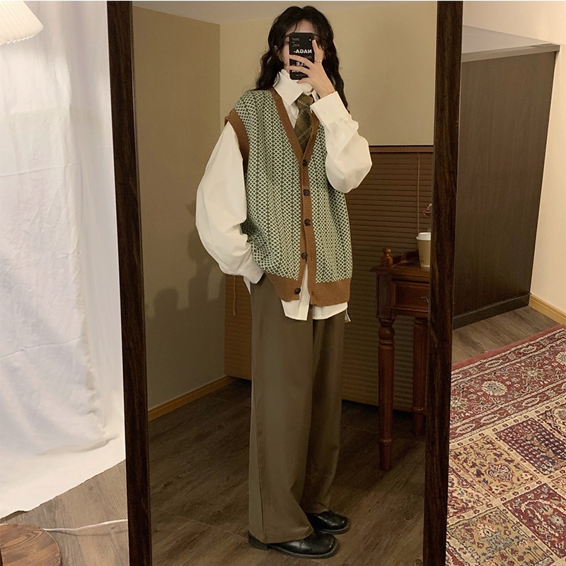 Áo khoác len cổ chữ V không tay phong cách retro cho nữ | BigBuy360 - bigbuy360.vn