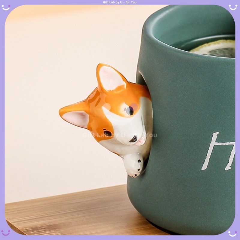 Cốc gốm sứ cao cấp hình cún Corgi siêu đáng yêu kèm nắp thìa(48)