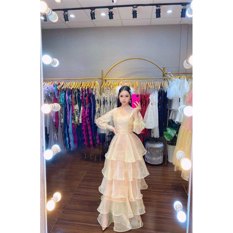 đầm maxi dạ hội tay dài tầng