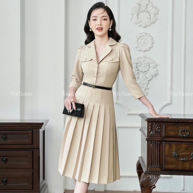Đầm váy công sở thiết kế, váy xoè xếp li, chất co giãn, thời trang nữ, Ste shop