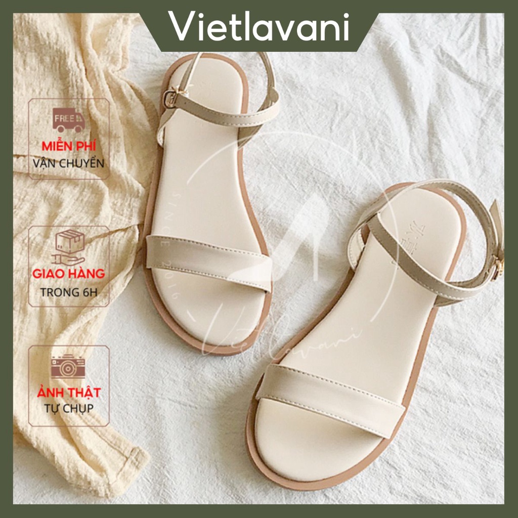 SANDAL Bệt S12 Quai Ngang Mũi Tròn Màu Kem &amp; Đen