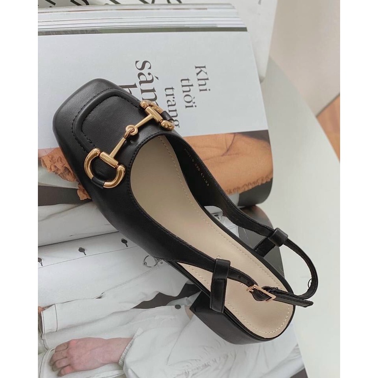 Giày Cao Gót Nữ Bít Mũi Quai Hậu Gót Vuông Tráng Gương 7cm Thời Trang