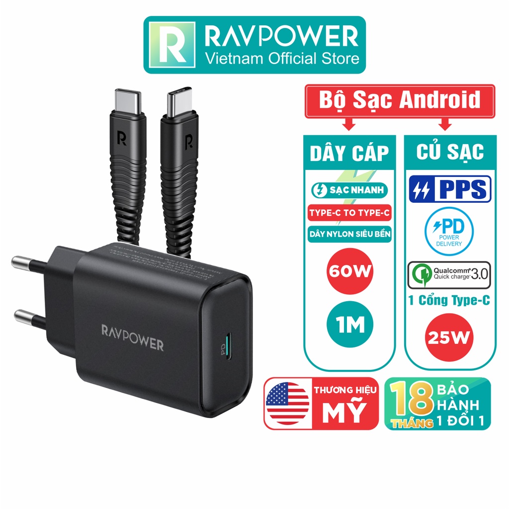Combo Củ Sạc Nhanh 25W Type C PD 3.0 & QC 3.0 RAVPower RP-PC156-B và Cáp Type C 60W Dài 1M RP-CB047-B - Hàng Chính Hãng