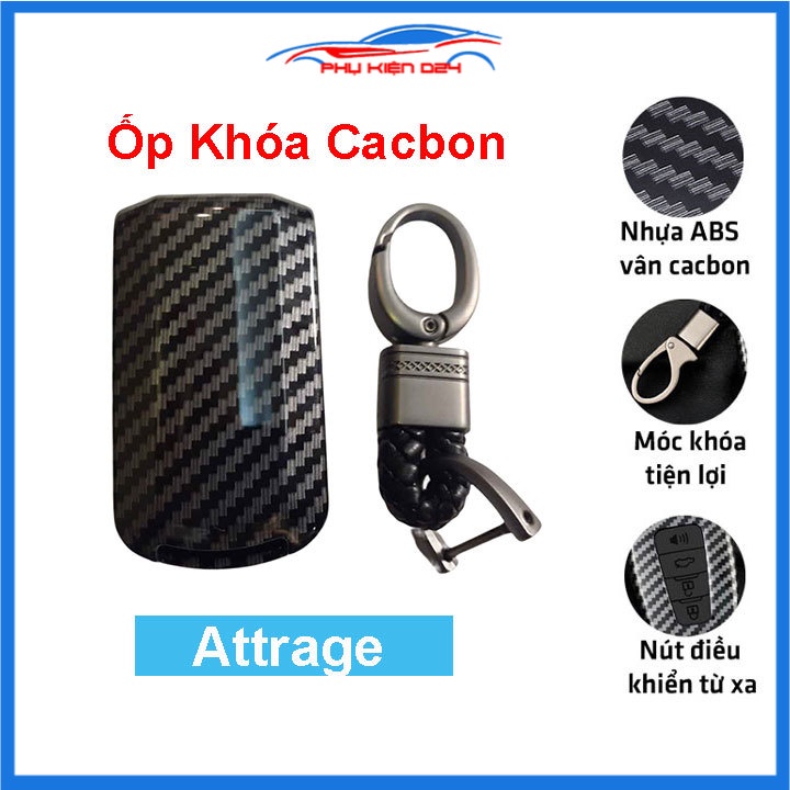 Ốp vỏ bọc chìa khóa xe Attrage sợi nhựa cacbon kèm móc treo Inox