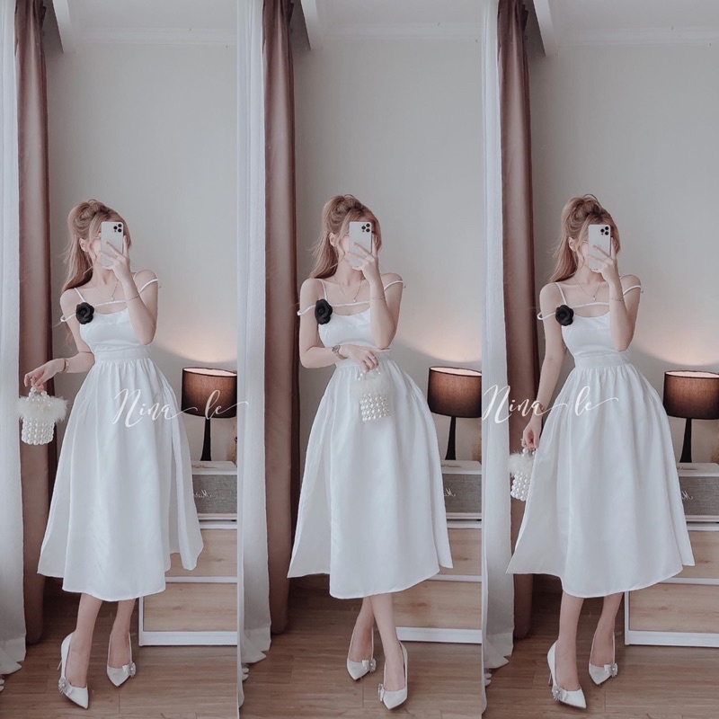 ĐẦM MIDI 2 DÂY CÀI BÔNG ĐEN 1 BÊN