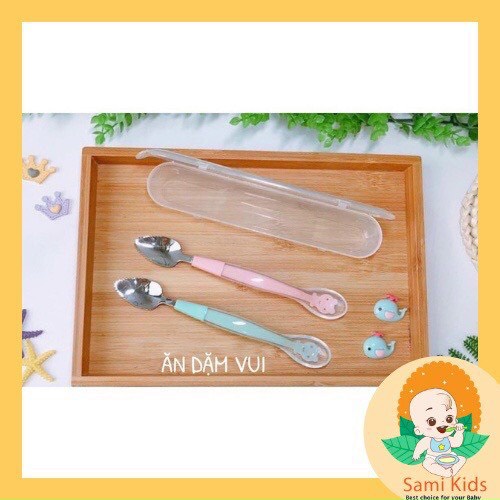 Thìa muỗng nạo nhỏ hoa quả có hộp đựng cho bé ăn dặm 2 đầu silicon và inox 304