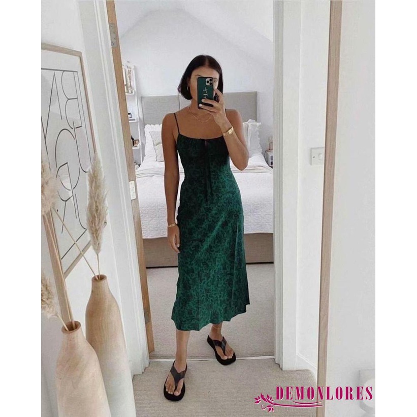 Đầm Dài Hai Dây Cổ Chữ U In Họa Tiết Thời Trang Cho Nữ
