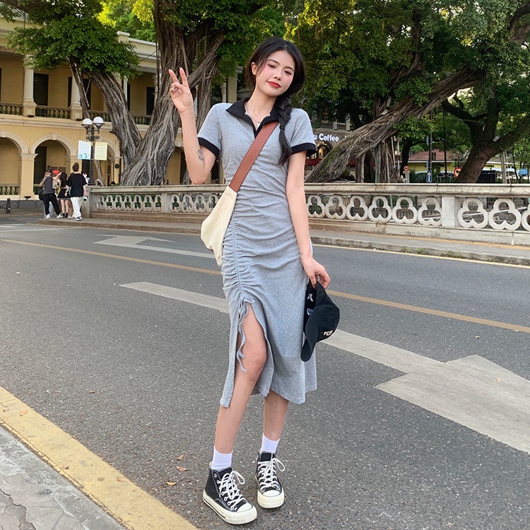 COZOK Đầm Cổ POLO Dáng Ôm Rút Dây Xếp Ly Màu Tương Phản Trẻ Trung