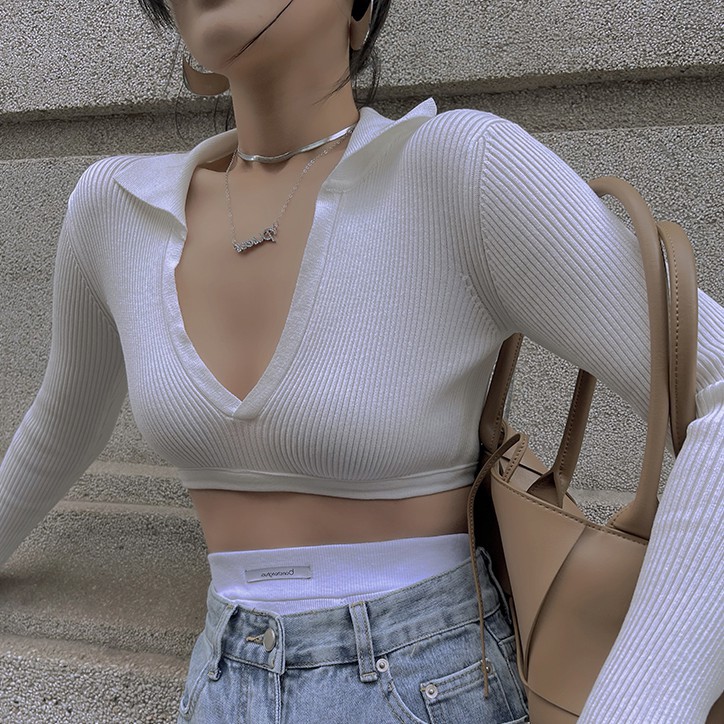 QADCOL  Áo dệt kim màu trắng tay dài cổ chữ V gợi cảm cho nữ