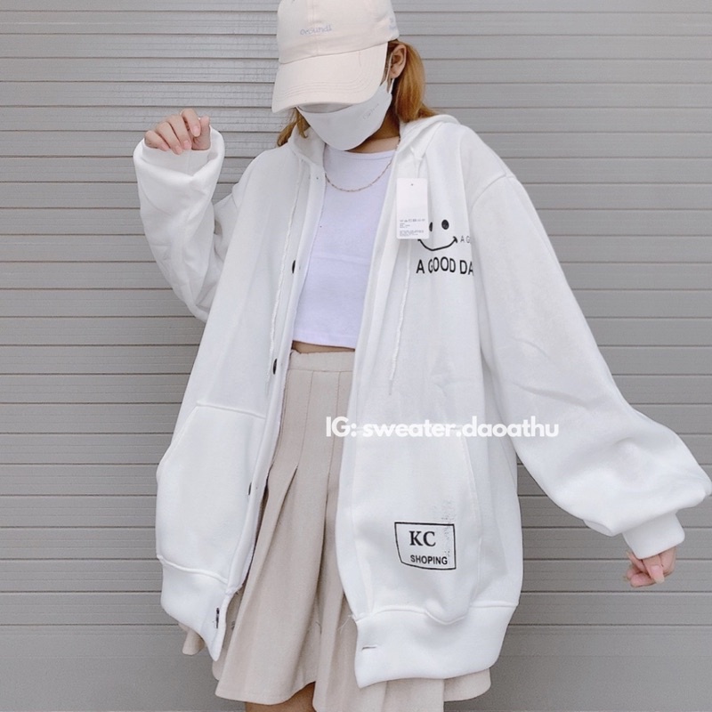 Áo khoác nỉ hoodie cài khuy A GOOD DAY form rộng, vải dày dặn