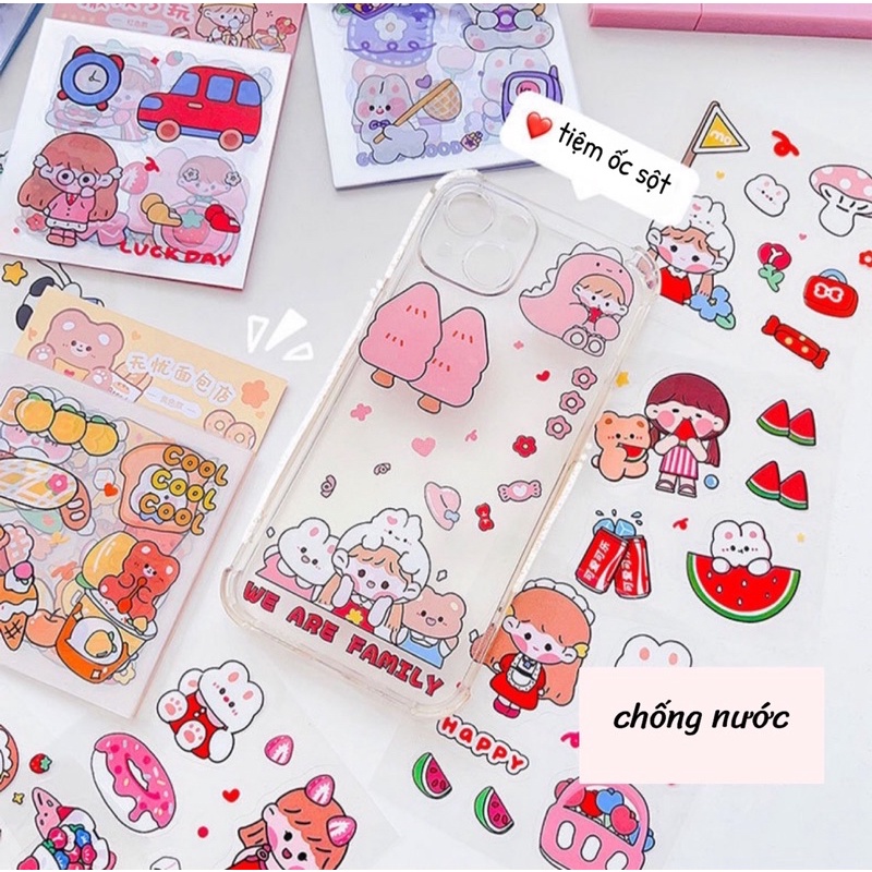 Set 20 tấm 100 miếng sticker hoạ tiết hoạt hình dễ thương, trang trí sổ tay, ốp điện thoại, bình nước Tiệm Ốc Sột