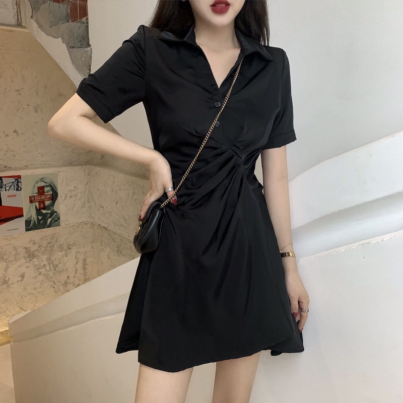 Đầm Lụa Đen Tay Ngắn Phong Cách Hàn Quốc Gợi Cảm Cho Nữ đầm dự tiệc
