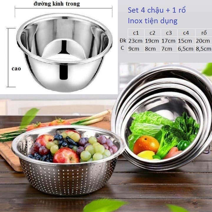 Sét bộ rổ - Bộ Thau inox 5 món chi tiết gồm 4 chậu kèm 1 rổ inox siêu đẹp, tiện dụng GD701