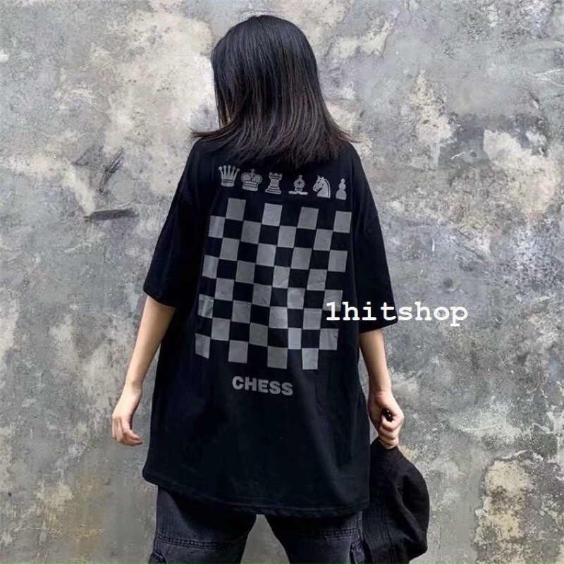 Áo cotton tay lỡ dáng rộng unisex Bàn cờ shooting