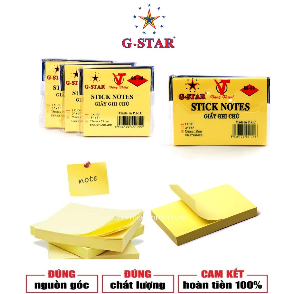 Combo 2 tập Giấy Note /Ghi chú GSTAR VÀNG - 4 kích cỡ- 100 tờ