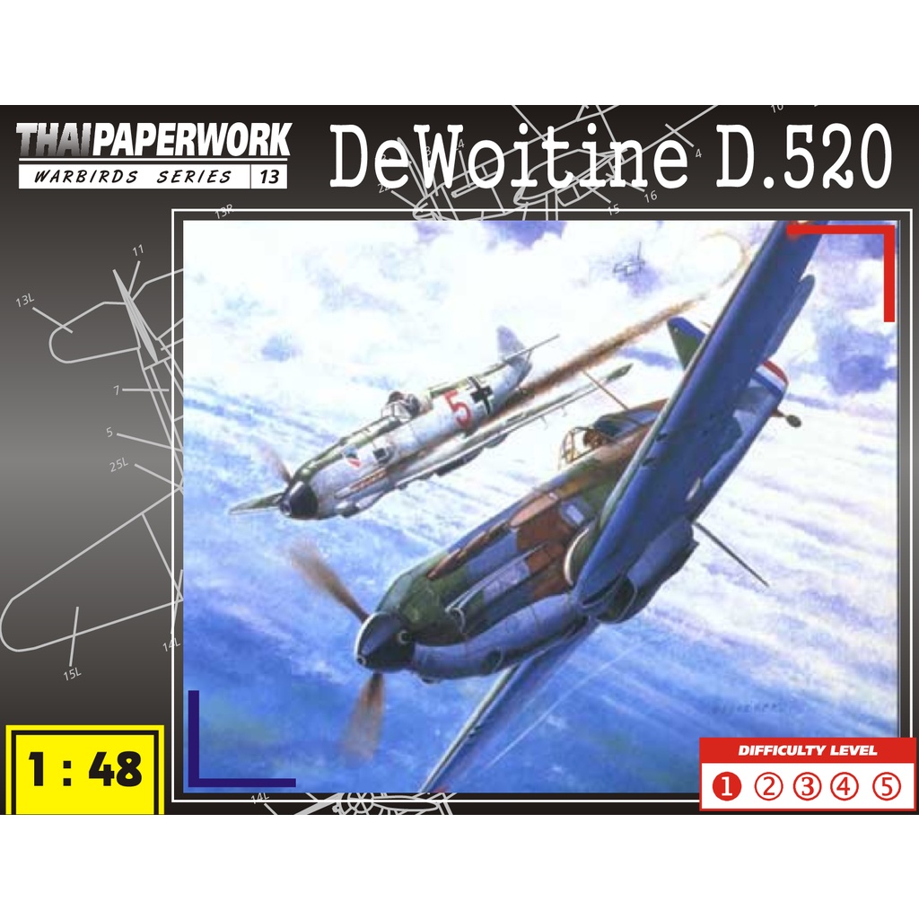(Thiết kế chuẩn) Bộ kit mô hình giấy 3D Máy bay ThaiPaperworks - Dewoitine D.520 (Warbirds Series-13) 1-48 Scale