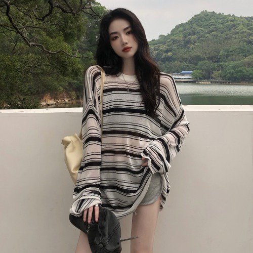 Áo Phông Nữ Dài Tay Kẻ Ngang Mặc 4 Mùa Dáng Rộng Cute, Áo Pull Dài Tay Dễ Mix Đồ , Hàng Quảng Châu - TG14