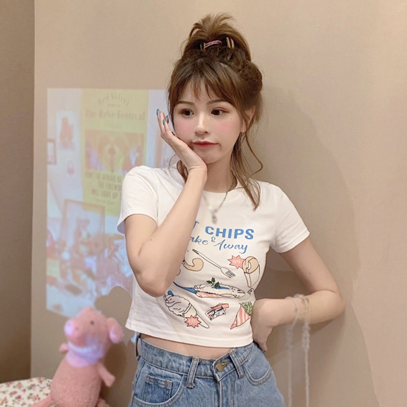 Áo Thun Crop Top Tay Ngắn Cổ Tròn In Họa Tiết Thời Trang Cho Nữ