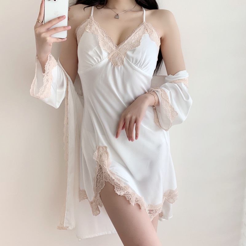 Bộ Đồ Ngủ 2 Mảnh Phối Ren Có Đệm Ngực Cổ Chữ V Gợi Cảm Cho Nữ